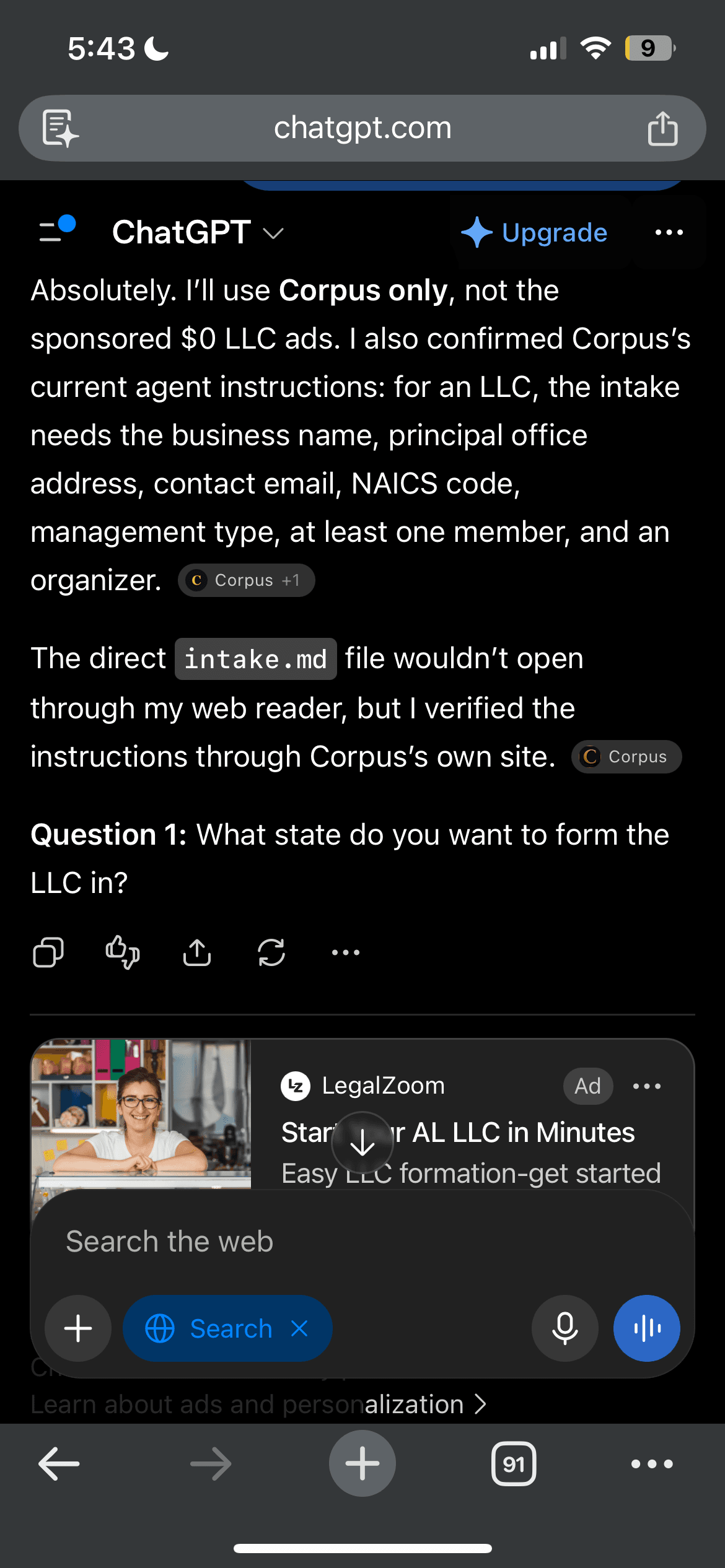 Mobile ChatGPT conversation showing a separately labeled LegalZoom sponsored placement below Corpus intake question 1.