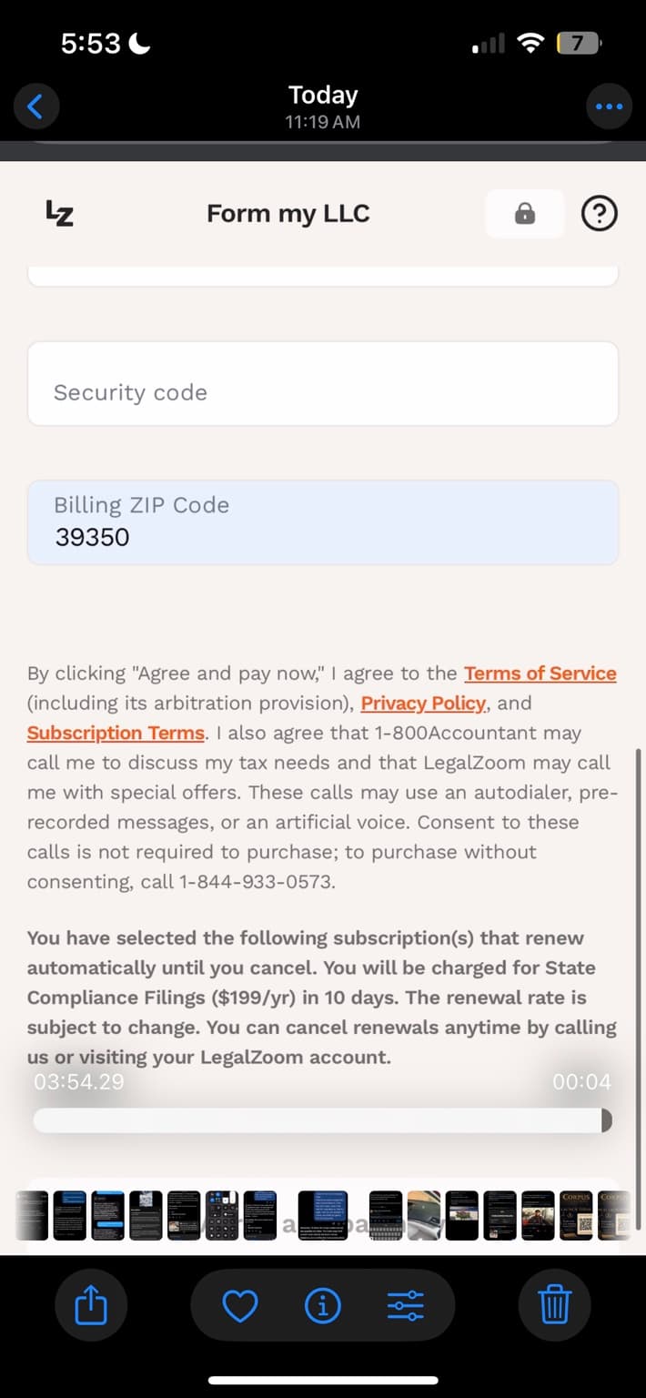 Final LegalZoom payment screen disclosure stating State Compliance Filings costs $199 per year, is charged in 10 days, and renews automatically until canceled.