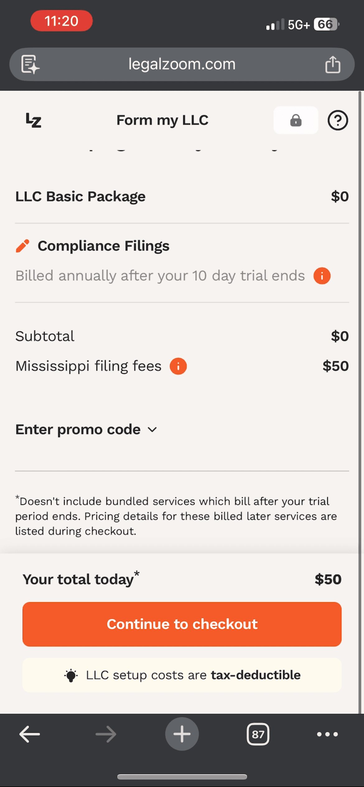 LegalZoom Mississippi LLC checkout showing LLC Basic Package $0, Compliance Filings billed after a 10-day trial, and a $50 total today.