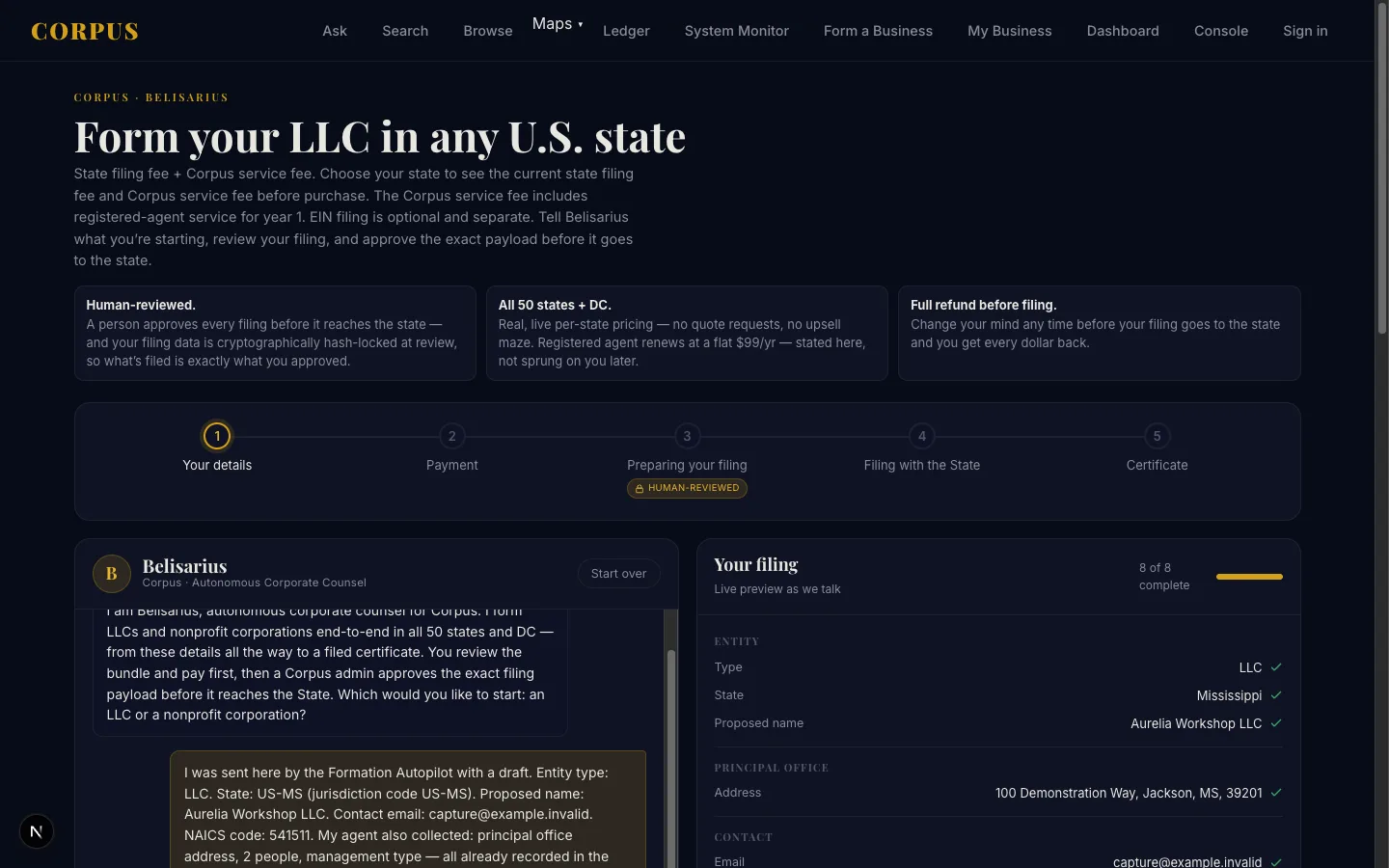 Corpus formation intake showing a selected state and fictitious business details